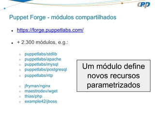 Puppet Forge - módulos compartilhados
● https://forge.puppetlabs.com/
● + 2.300 módulos, e.g.:
○ puppetlabs/stdlib
○ puppetlabs/apache
○ puppetlabs/mysql
○ puppetlabs/postgresql
○ puppetlabs/ntp
○ jfryman/nginx
○ maestrodev/wget
○ thias/php
○ example42/jboss
Um módulo define
novos recursos
parametrizados
 