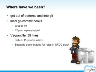 Where have we been?
•  get out of perforce and into git
•  local git-commit hooks
•  puppet-lint
•  RSpec, rspec-puppet
•  Vagrantfile: 39 lines
•  piab -> ‘Puppet in a box’
•  Supports base images for roles in SFDC stack
 