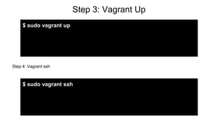Step 3: Vagrant Up
$ sudo vagrant up
Step 4: Vagrant ssh
$ sudo vagrant ssh
 