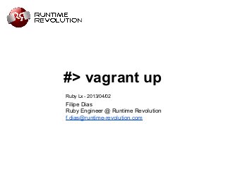 #> vagrant up
Ruby Lx - 2013/04/02
Filipe Dias
Ruby Engineer @ Runtime Revolution
f.dias@runtime-revolution.com
 