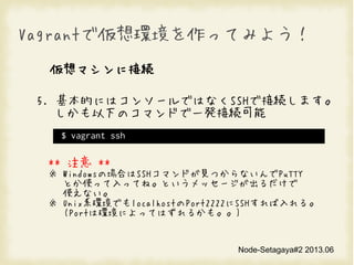 Node-Setagaya#2 2013.06
VagrantǁhäƤߤ褦
ޥ˽ӾA
5. Ĥˤϥ󥽩`ǤϤʤSSHǽӾAޤ
¤ΥޥɤһkӾA
** ע **
 WindowsΈϤSSHޥɤҊĤʤPuTTY
ȤʹääƤ͡Ȥå`
ʹʤ
 UnixϵhǤlocalhostPort2222SSH롣
(PortϭhˤäƤϤ뤫⡣)
$ vagrant ssh
 