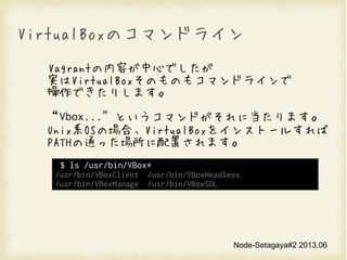 Node-Setagaya#2 2013.06
VirtualBoxΥޥɥ饤
VagrantݤĤǤ
gVirtualBoxΤΤ⥳ޥɥ饤
Ǥꤷޤ
Vbox...Ȥޥɤ˵ޤ
UnixϵOSΈϡVirtualBox򥤥󥹥ȩ`뤹
PATHͨääޤ
$ ls /usr/bin/VBox*
/usr/bin/VBoxClient /usr/bin/VBoxHeadless
/usr/bin/VBoxManage /usr/bin/VBoxSDL
 