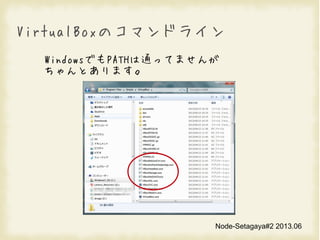 Node-Setagaya#2 2013.06
VirtualBoxΥޥɥ饤
WindowsǤPATHͨäƤޤ
Ȥޤ
 