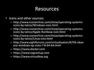 Resources
• Icons and other sources:
– http://www.iconarchive.com/show/operating-systems-
icons-by-tatice/Windows-icon.html
– http://www.iconarchive.com/show/operating-systems-
icons-by-tatice/Apple-Rainbow-icon.html
– http://www.iconarchive.com/show/operating-systems-
icons-by-tatice/Linux-icon.html
– http://www.eightforums.com/virtualization/6793-vbox-
ose-windows-xp-vista-7-8-64-bit.html
– https://www.docker.com
– https://www.vagrantup.com
– https://www.virtualbox.org
 