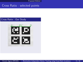 Proposed Method 
Cross Ratio : selected points 
Cross Ratio : Our Study 
A BC D 
Vincent Agnus (IRCAD) Illumination Independent Marker Tracking using Cross-Ratio Invariance 9 / 18 
 