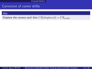 Proposed Method 
Correction of corner shifts 
Idea 
Displace the corners such that CR(displaced) = CRmodel 
Vincent Agnus (IRCAD) Illumination Independent Marker Tracking using Cross-Ratio Invariance 11 / 18 
 