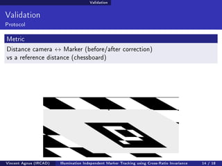 Validation 
Validation 
Protocol 
Metric 
Distance camera $ Marker (before/after correction) 
vs a reference distance (chessboard) 
Vincent Agnus (IRCAD) Illumination Independent Marker Tracking using Cross-Ratio Invariance 14 / 18 
 