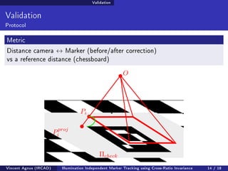 Validation 
Validation 
Protocol 
Metric 
Distance camera $ Marker (before/after correction) 
vs a reference distance (chessboard) 
Pi 
Pproj 
i 
O 
check 
Vincent Agnus (IRCAD) Illumination Independent Marker Tracking using Cross-Ratio Invariance 14 / 18 
 