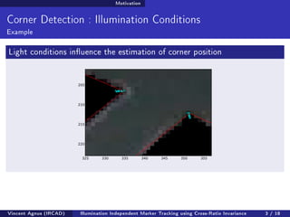 Motivation 
Corner Detection : Illumination Conditions 
Example 
Light conditions inuence the estimation of corner position 
Vincent Agnus (IRCAD) Illumination Independent Marker Tracking using Cross-Ratio Invariance 3 / 18 
 