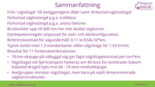 Sammanfattning
Från ’vägslitage’ till beläggningens ålder samt förkortad väglivslängd.
Förkortad väglivslängd p.g.a. trafiklast.
Förkortad väglivslängd p.g.a. andra faktorer.
Bruttovikter upp till 600 ton har inte skadat vägbanan.
Fjärdepotensregeln anpassad för axel- och däckkonfiguration.
Referenskostnad för vägunderhåll: 0.11 kr/ESAL10*km.
Typisk lastbil med 1.3 standardaxlar vållar vägslitage för 1.43 kr/mil.
Resultat för 11 fordonskombinationer:
• 74-ton ekipage på välbyggd väg ger lägst vägslitagekostnad per ton*km.
• Vägslitaget vid fjärrtransport halveras om 40 tons EU-semitrailer bakom
tvåaxlad dragbil byts mot 60 - 74 tons modulekipage.
• Axelgrupper minskar vägslitaget, men bara på rejält dimensionerade
vägkonstruktioner.
www.HelgumsGrus.se 2019-04-26
 
