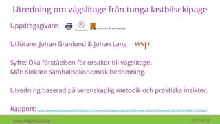 Utredning om vägslitage från tunga lastbilsekipage
Uppdragsgivare:
Utförare: Johan Granlund & Johan Lang
Syfte: Öka förståelsen för orsaker till vägslitage.
Mål: Klokare samhällsekonomisk bedömning.
Utredning baserad på vetenskaplig metodik och praktiska insikter.
Rapport: https://www.akeri.se/sites/default/files/2018-10/Förkortad%20väglivslängd%20-%20Orsaker%20och%20kostnader%2C%20rev%202017-06-28.pdf
www.HelgumsGrus.se 2019-04-26
 