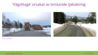 ’Vägslitage’ orsakat av bristande tjälsäkring
www.HelgumsGrus.se 2019-04-26
Foto: J. Granlund
 