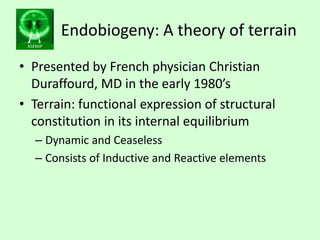 ASEMIP
Endobiogeny: A theory of terrain
• Presented by French physician Christian
Duraffourd, MD in the early 1980’s
• Ter...