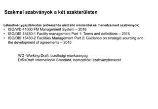 Szakmai szabványok a két szakterületen
Mi a különbség?
Mi a közös?
Létesítménygazdálkodás (előkészítés alatt álló minősítési és menedzsment szabványok):
• ISO/WD 41000 FM Management System – 2018
• ISO/DIS 18480-1 Facility management Part 1: Terms and definitions – 2016
• ISO/DIS 18480-2 Facilities Management Part 2: Guidance on strategic sourcing and
the development of agreements – 2016
WD=Working Draft, bizottsági munkaanyag
DIS=Draft International Standard, nemzetközi szabványtervezet
 