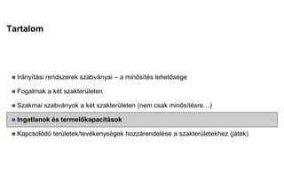 Tartalom
 Irányítási rendszerek szabványai – a minősítés lehetősége
 Fogalmak a két szakterületen
 Szakmai szabványok a két szakterületen (nem csak minősítésre…)
 Ingatlanok és termelőkapacitások
 Kapcsolódó területek/tevékenységek hozzárendelése a szakterületekhez (játék)
 