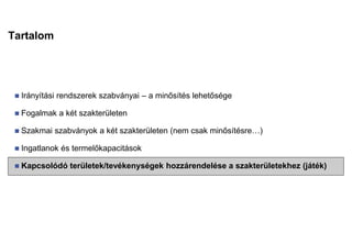 Tartalom
 Irányítási rendszerek szabványai – a minősítés lehetősége
 Fogalmak a két szakterületen
 Szakmai szabványok a két szakterületen (nem csak minősítésre…)
 Ingatlanok és termelőkapacitások
 Kapcsolódó területek/tevékenységek hozzárendelése a szakterületekhez (játék)
 