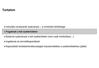 Tartalom
 Irányítási rendszerek szabványai – a minősítés lehetősége
 Fogalmak a két szakterületen
 Szakmai szabványok a két szakterületen (nem csak minősítésre…)
 Ingatlanok és termelőkapacitások
 Kapcsolódó területek/tevékenységek hozzárendelése a szakterületekhez (játék)
 