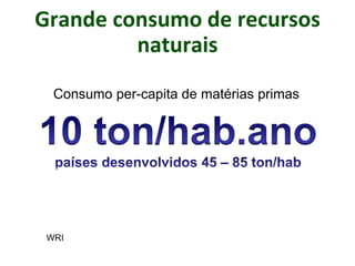 Grande consumo de recursos
naturais
Consumo per-capita de matérias primas
WRI
 