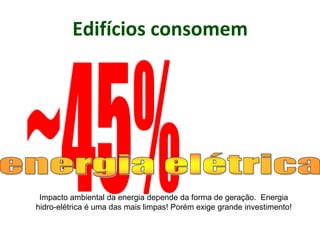 Edifícios consomem
Impacto ambiental da energia depende da forma de geração. Energia
hidro-elétrica é uma das mais limpas! Porém exige grande investimento!
 