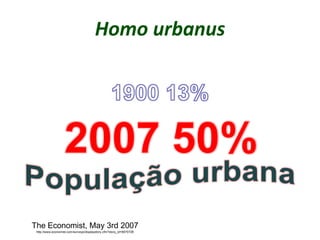 2007 50%
Homo urbanus
The Economist, May 3rd 2007
http://www.economist.com/surveys/displaystory.cfm?story_id=9070726
 