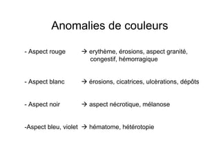 Anomalies de couleurs

- Aspect rouge     ! erythème, érosions, aspect granité,
                     congestif, hémorragique


- Aspect blanc     ! érosions, cicatrices, ulcèrations, dépôts


- Aspect noir      ! aspect nécrotique, mélanose


-Aspect bleu, violet ! hématome, hétérotopie
 