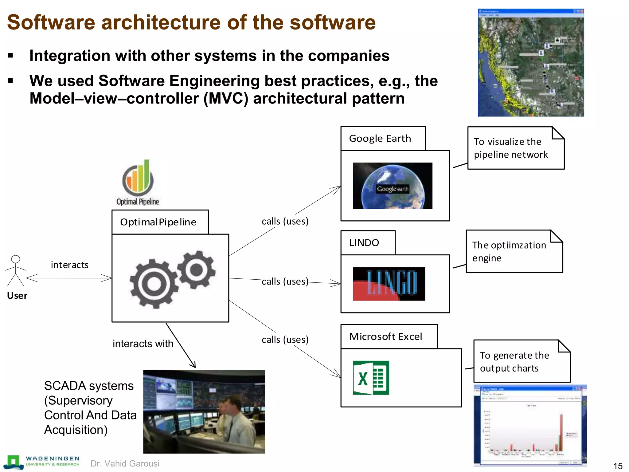 15Dr. Vahid Garousi
Software architecture of the software
 Integration with other systems in the companies
 We used Software Engineering best practices, e.g., the
Model–view–controller (MVC) architectural pattern
User
interacts
calls (uses)
calls (uses)
calls (uses)
To visualize the
pipeline network
The optiimzation
engine
To generate the
output charts
interacts with
SCADA systems
(Supervisory
Control And Data
Acquisition)
 
