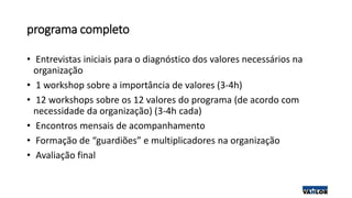 programa completo
• Entrevistas iniciais para o diagnóstico dos valores necessários na
organização
• 1 workshop sobre a importância de valores (3-4h)
• 12 workshops sobre os 12 valores do programa (de acordo com
necessidade da organização) (3-4h cada)
• Encontros mensais de acompanhamento
• Formação de “guardiões” e multiplicadores na organização
• Avaliação final
 