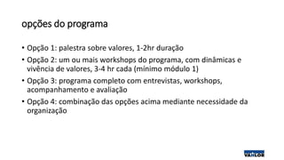 opções do programa
• Opção 1: palestra sobre valores, 1-2hr duração
• Opção 2: um ou mais workshops do programa, com dinâmicas e
vivência de valores, 3-4 hr cada (mínimo módulo 1)
• Opção 3: programa completo com entrevistas, workshops,
acompanhamento e avaliação
• Opção 4: combinação das opções acima mediante necessidade da
organização
 