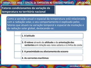 Fatores condicionantes da variação da
temperatura no território nacional
Fatores condicionantes da variação da
temperatura no território nacional
 