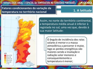 1. A latitude1. A latitude
Fatores condicionantes da variação da
temperatura no território nacional
Fatores condicionantes da variação da
temperatura no território nacional
 