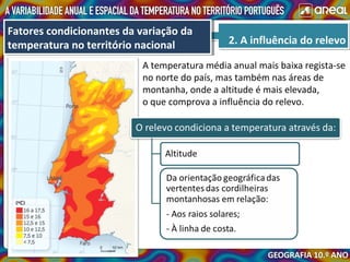 2. A influência do relevo2. A influência do relevo
Fatores condicionantes da variação da
temperatura no território nacional
Fatores condicionantes da variação da
temperatura no território nacional
A temperatura média anual mais baixa regista-se
no norte do país, mas também nas áreas de
montanha, onde a altitude é mais elevada,
o que comprova a influência do relevo.
 