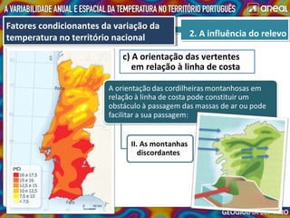 2. A influência do relevo2. A influência do relevo
Fatores condicionantes da variação da
temperatura no território nacional
Fatores condicionantes da variação da
temperatura no território nacional
c) A orientação das vertentes
em relação à linha de costa
 