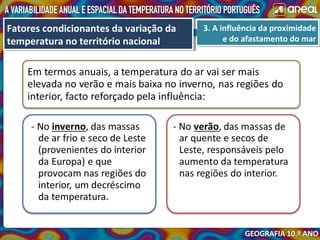 3. A influência da proximidade
e do afastamento do mar
3. A influência da proximidade
e do afastamento do mar
Fatores condicionantes da variação da
temperatura no território nacional
Fatores condicionantes da variação da
temperatura no território nacional
 