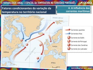 4. A influência das
correntes marítimas
4. A influência das
correntes marítimas
Fatores condicionantes da variação da
temperatura no território nacional
Fatores condicionantes da variação da
temperatura no território nacional
 