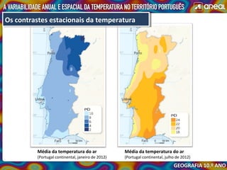 Média da temperatura do ar
(Portugal continental, janeiro de 2012)
Os contrastes estacionais da temperaturaOs contrastes estacionais da temperatura
Média da temperatura do ar
(Portugal continental, julho de 2012)
 