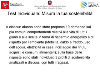 Test Individuale: Misura la tua sostenibilità
A ciascun alunno sono state proposte 10 domande sui
più comuni comportamenti relativi alla vita di tutti i
giorni e alle scelte in tema di risparmio energetico e di
rispetto per l’ambiente (Mobilità, caldo e freddo, uso
dell’acqua, elettricità in casa, riciclaggio dei rifiuti,
acquisti e consumi alimentari); sulla base delle
risposte sono stati individuati 3 profili di sostenibilità
analizzati e discussi con tutti i ragazzi.
 