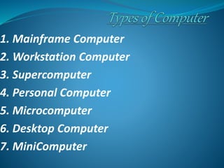 1. Mainframe Computer
2. Workstation Computer
3. Supercomputer
4. Personal Computer
5. Microcomputer
6. Desktop Computer
7. MiniComputer
 