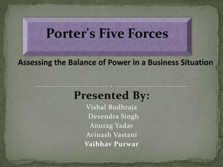 Porter&apos;s Five Forces Assessing the Balance of Power in a Business Situation Presented By: Vishal Budhraja Devendra Singh Anurag Yadav Avinash Vastani Vaibhav Purwar 