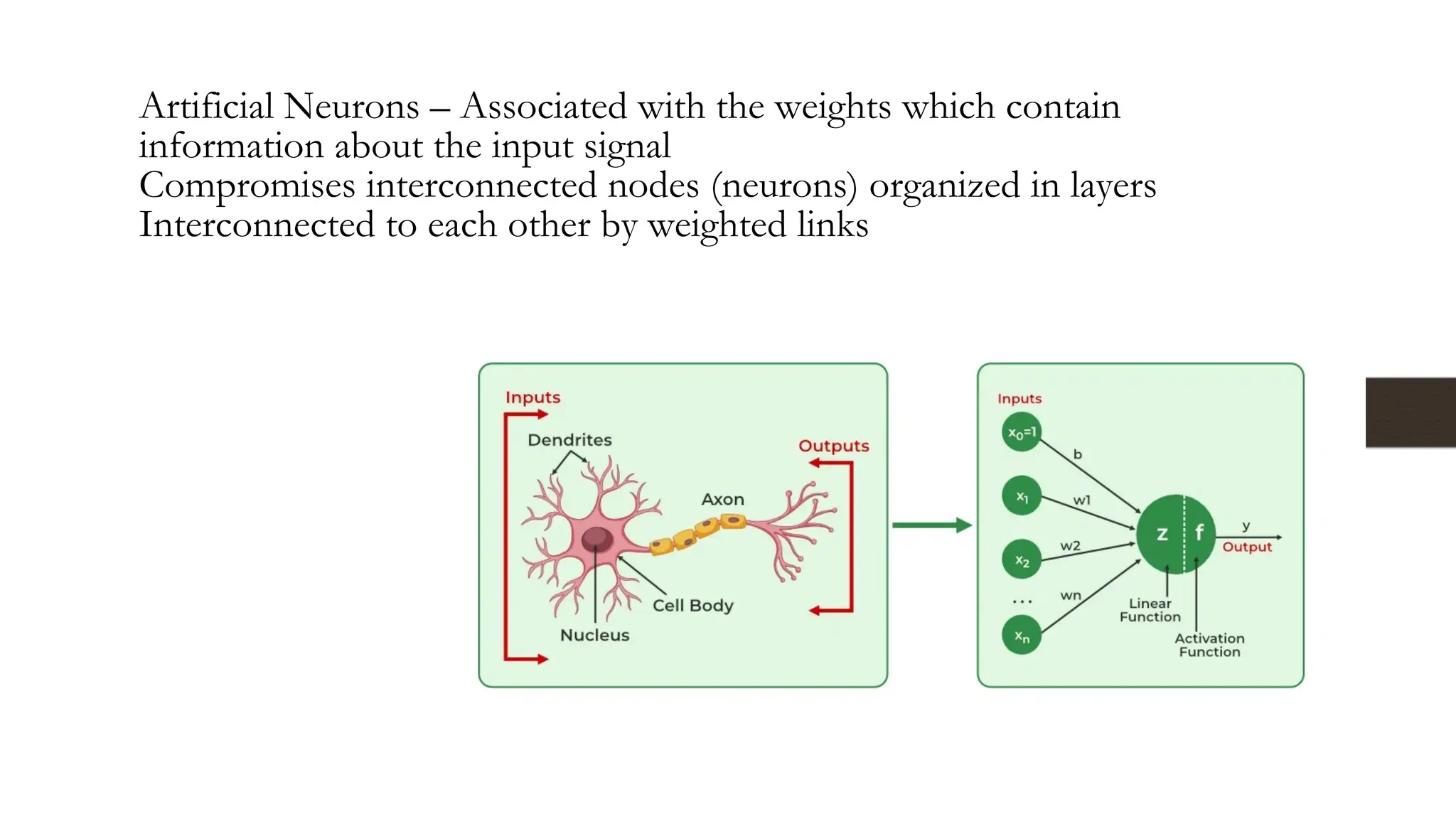 Artificial Neurons – Associated with the weights which contain
information about the input signal
Compromises interconnected nodes (neurons) organized in layers
Interconnected to each other by weighted links
 