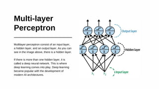 Multi-layer
Perceptron
Multilayer perceptron consist of an input layer,
a hidden layer, and an output layer. As you can
see in the image above, there is a hidden layer.
If there is more than one hidden layer, it is
called a deep neural network. This is where
deep learning comes into play. Deep learning
became popular with the development of
modern AI architectures.
 