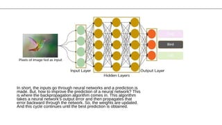 In short, the inputs go through neural networks and a prediction is
made. But, how to improve the prediction of a neural network? This
is where the backpropagation algorithm comes in. This algorithm
takes a neural network’s output error and then propagates that
error backward through the network. So, the weights are updated.
And this cycle continues until the best prediction is obtained.
 