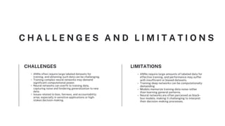 ANNs often require large labeled datasets for
training, and obtaining such data can be challenging.
Training complex neural networks may demand
significant computational power.
Neural networks can overfit to training data,
capturing noise and hindering generalization to new
data.
Issues related to bias, fairness, and accountability
arise, especially in sensitive applications or high-
stakes decision-making.
CHALLENGES
ANNs require large amounts of labeled data for
effective training, and performance may suffer
with insufficient or biased datasets.
Training deep networks can be computationally
demanding
Models memorize training data noise rather
than learning general patterns.
Neural networks are often perceived as black-
box models, making it challenging to interpret
their decision-making processes.
LIMITATIONS
C H A L L E N G E S A N D L I M I T A T I O N S
 