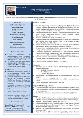 VAIBHAV SHANKAR SINGH
E-Mail: vshankarsingh@gmail.com |
Phone: +91-8939924080
Location Preference: Delhi-NCR
Targeting senior level assignments in Software Testing/Software Development with an organisation of repute preferably
in IT/Banking sector
SK I L L SE T
Software Development
Software Testing
Quality Assurance
Project Execution
Requirement Gathering
Troubleshooting
Client Servicing
Application Maintenance
Documentation
Liaison & Coordination
AC A D E M I C DE T A I L S
• B.Tech. (Electronics &
Communication) from Dehradun
Institute of Technology (UK Tech.),
Dehradun in 2010 with 67.83%
• 12th
from B.V.M. School (CBSE Board),
Nainital in 2005 with 81.33%
• 10th
from B.V.M. School (CBSE Board),
Nainital in 2003 with 83.83%
Certifications:
• Completed certification course in
ISTQB-Foundation Course from
Capgemini in 2015
• Received certification on IBM: Test
000-732: DB2 9 DBA for z/OS with
95.65% and Domain Banking and
Retail Basics from Infosys with 74%
and 69%
• Completed certification on Internal
SEPA Basic Level from Infosys with
83%
OR G A N I S A T I O N A L TR A I N I N G
• Received extensive training for 5
months on Mainframe Platform at
Infosys, Mysore with 4.78/5 CGPA
PE R S O N A L DE T A I L S
Date of Birth: 17th
August 1987
Present Address: C25/15, Kabir
Chauraha , Varanasi – 221002
Languages Known: English & Hindi
PR O F I L E SU M M A R Y
• Versatile, high-energy professional, offering over 5 years of dynamic
career in Software Development & Testing, Quality Assurance and Data
Mining; scaling new heights of success with hard work & dedication and
leaving a mark of excellence on each step
• Extensive knowledge about Manual & Automation Testing entailing Web
Based Testing, Application Interface Testing, Database Testing,
Regression Testing and so on
• Received certification in ISTQB-Foundation Level
• Experience with client/server technologies, databases and various tools
like File-AID, SPUFI, QMF, Squirrel, Toad, PuTTY (UNIX), QC, PVCS
Tracker, Test Director, QTP and so on
• Skilled in creating test cases & test data, arriving at the schedules,
preparing test reports and conducting reviews for the same
• Result-oriented professional, efficient in monitoring the development,
testing, delivery and integration of projects
• Competency in preparing & maintaining UAT test automation platform;
conducting functional reviews as per test specifications and creating
requirement traceability matrix, test data & test completion report
• Excellent technical, communication and interpersonal skills with strong
customer orientation and client interfacing skills
NO T A B L E AC C O M P L I S H M E N T S AC R O S S T H E CA R E E R
Capgemini
• Performed well in both the domain & technical prospects with cross
platform experience:-
o Banking – Payments, Financing
o Risk IT Platform
o Liquidity Management
• Recognized as Top Weekly Performer by Standard Chartered Bank (SCB)
in 2016
• Monitored test runs on QC/ALM; addressed and fixed interruptions and
failures
• Defects Management done through QC and Jira.
Cognizant Technology Solution
• Gained recognition by RBC client as Top Performer for first quarter in 2015.
• Credit of developing test tools and automation with Robot Framwork to
be used in testing.
• Execution and monitoring of automation cases done through Jenkins.
Infosys
• Awarded STAR Certification for soft skills training program on Business
(PM&IR), Interpersonal Communication, Team Work and Client Delight
• Received a rating of ‘CRR - 1’ for the year 2012 -2013
• Conferred with INSTA Award consecutively in 2012 & 2013 for excellent
performance in Rainbow International Project and Regular Payment
Analysis under RBS IAS project work
• Awarded Exertive EnBian for enrolling and billing project of WellPoint
Account in 2012
• Won 1st
prize in KM Corner Event organized by Infosys, Chennai,
 