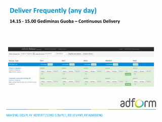 Deliver Frequently (any day)
14.15 - 15.00 Gediminas Guoba – Continuous Delivery
 