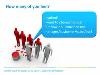 How many of you feel?

                  Inspired!
                  I want to change things!
                  But how do I convince my
                  manager/customer/team/etc?
 