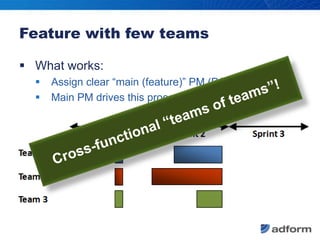 Feature with few teams<br />What works:<br />Assign clear “main (feature)” PM (PO)<br />Main PM drives this process<br />C...