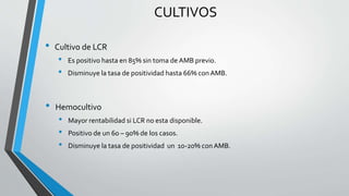 CULTIVOS
• Cultivo de LCR
• Es positivo hasta en 85% sin toma de AMB previo.
• Disminuye la tasa de positividad hasta 66% conAMB.
• Hemocultivo
• Mayor rentabilidad si LCR no esta disponible.
• Positivo de un 60 – 90% de los casos.
• Disminuye la tasa de positividad un 10-20% conAMB.
 