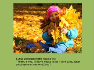 Sūnus zoologijos sode klausia tėtį:
- Tėtuk, o jeigu iš narvo iššoks tigras ir tave suės, kokiu
autobusu man namo važiuoti?
 