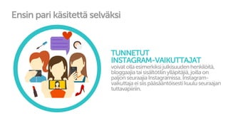 Ensin pari käsitettä selväksi
TUNNETUT
INSTAGRAM-VAIKUTTAJAT
voivatollaesimerkiksijulkisuudenhenkilöitä,
bloggaajiataisisältötilinylläpitäjiä,joillaon
paljonseuraajiaInstagramissa.Instagram-
vaikuttajaeisiispääsääntöisestikuuluseuraajan
tuttavapiiriin.
 