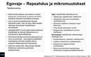 Egovaje – Repsahdus ja mikromuutokset
• Kaikki tahdonalaisen ponnistelun muodot
(kognitiivinen, emotionaalinen ja fyysinen ponnistelu),
käyttävät yhteistä mentaalista energiaa.
• Jos on joutunut pakottamaan itsensä
tekemään jotain, halu tai kyky hillitä itseään
vähenee seuraavaan haasteeseen
siirryttäessä.
• Järjestelmälle 2 kovat vaatimukset asettavat
itsehillintää, ja itsensä hillitseminen on
kuluttavaa ja epämiellyttävää.
• Hermosto kuluttaa enemmän glukoosia kuin
muut ruumiinosat – ponnistelua edellyttävä
mentaalinen toiminta näyttää olevan
erityisen kallista glukoosi-valuutassa.
• Vaikutus vastaa sitä, että juoksija käyttää
lihaksiinsa varastoitua glukoosia
pikajuoksussa.
Syyt: Itsehillintää vähentäviä mm.
• Jääkarhujen ajattelemisen välttäminen
• Järkyttävän elokuvan tunnereaktion
tukahduttaminen
• Ristiriidan sisältävän valintojen sarjan
tekeminen
• Yritys tehdä vaikutuksen muihin
• Reagoiminen ystävällisesti huonoon
käytökseen
Seuraukset: Itsehillinnän vähenemisen
merkkejä mm.:
• Ruokavaliosta ja ”paheista” poikkeaminen
• Liiallinen tuhlaaminen heräteostoksiin
• Reagoiminen aggressiivisesti
provokaatioon
• Kehno suoriutuminen kognitiivisissa
tehtävissä ja loogisessa päätöksenteossa
Kahneman, 2011. Roy Baumeister, Self-control as a limited resource, 1998
Tahdonvoima
 